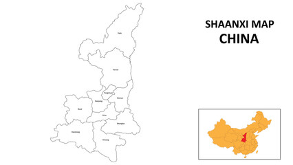 Shaanxi Map of China. State and district map of Shaanxi. Administrative map of Shaanxi with the district in white colour.