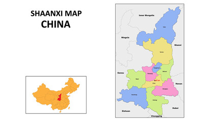 Shaanxi Map of China. State and district map of Shaanxi. Political map of Shaanxi with country capital.