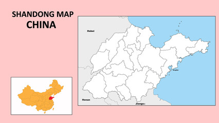 Shandong Map of China. State and district map of Shandong. Political map of Shandong with outline and black and white design.