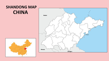 Shandong Map of China. State and district map of Shandong. Political map of Shandong with outline and black and white design.