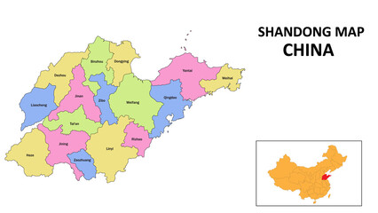 Shandong Map of China. State and district map of Shandong. Detailed colourful map of Shandong.