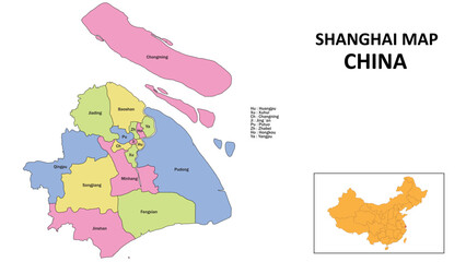 Shanghai Map of China. State and district map of Shanghai. Detailed colourful map of Shanghai.