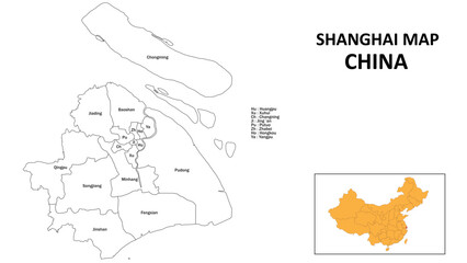 Shanghai Map of China. State and district map of Shanghai. Administrative map of Shanghai with the district in white colour.