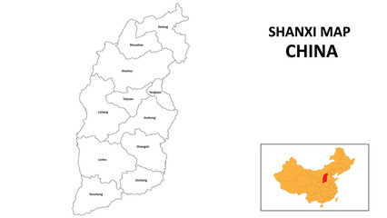 Shanxi Map of China. State and district map of Shanxi. Administrative map of Shanxi with the district in white colour.