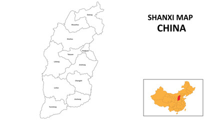 Shanxi Map of China. State and district map of Shanxi. Administrative map of Shanxi with the district in white colour.