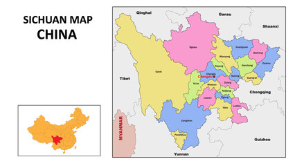 Sichuan Map of China. State and district map of Sichuan. Political map of Sichuan with country capital.