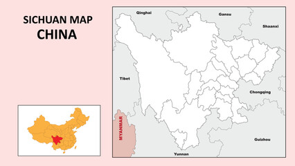 Sichuan Map of China. State and district map of Sichuan. Political map of Sichuan with outline and black and white design.