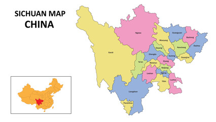 Sichuan Map of China. State and district map of Sichuan. Detailed colourful map of Sichuan. - obrazy, fototapety, plakaty