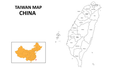Taiwan Map of China. State and district map of Taiwan. Administrative map of Taiwan with the district in white colour.