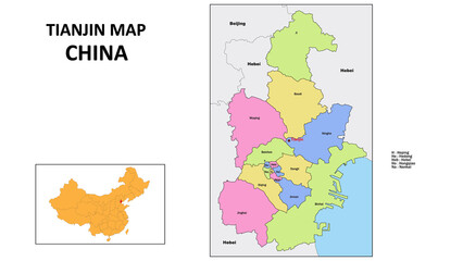 Obraz premium Tianjin Map of China. State and district map of Tianjin. Political map of Tianjin with country capital.