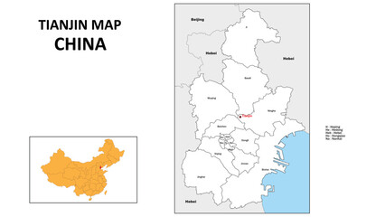 Tianjin Map of China. State and district map of Tianjin. Administrative map of Tianjin with district and capital in white color.