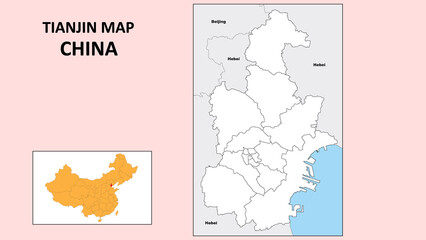 Tianjin Map of China. State and district map of Tianjin. Political map of Tianjin with outline and black and white design.