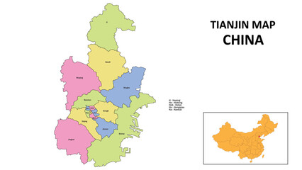 Tianjin Map of China. State and district map of Tianjin. Detailed colourful map of Tianjin.