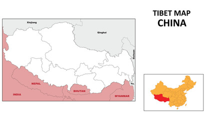 Tibet Map of China. State and district map of Tibet. Political map of Tibet with outline and black and white design.