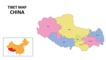 Tibet Map of China. State and district map of Tibet. Detailed colorful map of Tibet.
