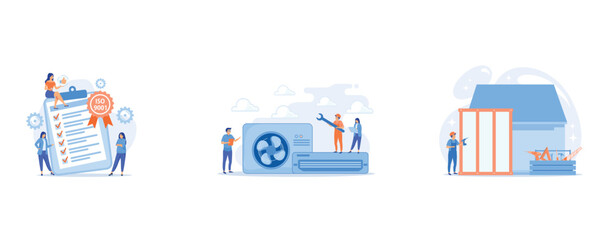 Businessman and woman near huge clock with round arrows working 24 7, Electrician service, Building construction site, set flat vector modern illustration