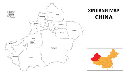 Xinjiang Map of China. State and district map of Xinjiang. Administrative map of Xinjiang with the district in white colour.