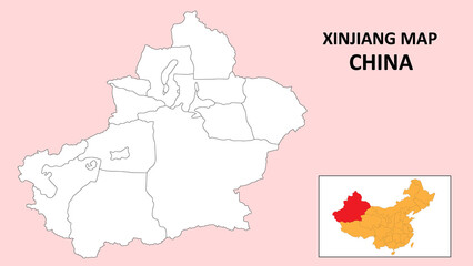 Xinjiang Map of China. Outline the state map of Xinjiang. Political map of Xinjiang with a black and white design.