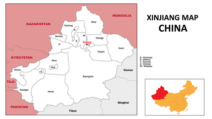 Xinjiang Map of China. State and district map of Xinjiang. Administrative map of Xinjiang with district and capital in white color.