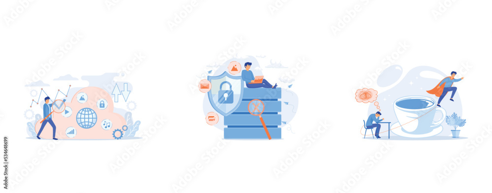 Poster two users searchig for big data in the cloud, protection shield with lock, magnifier and users worki