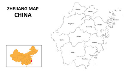 Zhejiang Map of China. State and district map of Zhejiang. Administrative map of Zhejiang with the district in white colour.