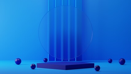 minimal blue light backdrop with navy pedestal podium mockup, empty platform for product showcase and presentation, 3D Rendering