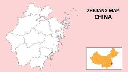 Zhejiang  Map of China. Outline the state map of Zhejiang. Political map of Zhejiang with a black and white design.
