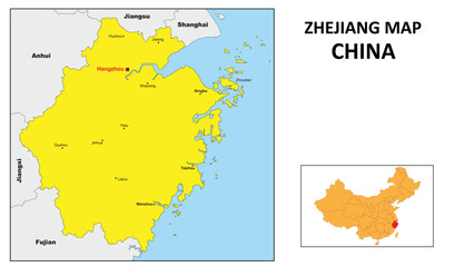 Zhejiang Map of China. Major city map of Zhejiang. Political map of Zhejiang with country capital.