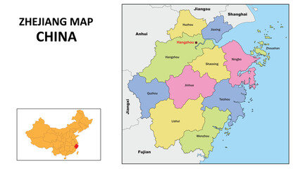 Zhejiang Map of China. State and district map of Zhejiang. Political map of Zhejiang with country capital.