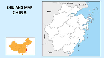 Zhejiang Map of China. State and district map of Zhejiang. Political map of Zhejiang with outline and black and white design.