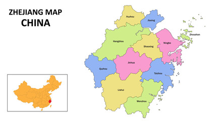 Zhejiang Map of China. State and district map of Zhejiang. Detailed colourful map of Zhejiang.