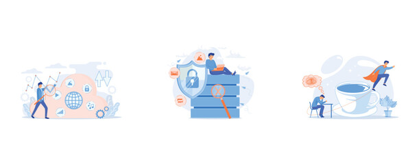 Two users searchig for big data in the cloud, Protection shield with lock, magnifier and users working with protected data, A man sitting tired at the desk and another flying full of energy after cup 
