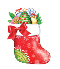 Watercolor red stocking with Christmas decorations, tree branches, snowflake, red bow and gift.  Isolated winter X-mas hand-drawn illustration.