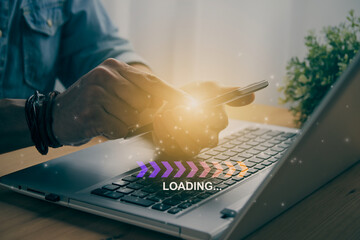 Casual Businessman Touching Mobile Phone and Blue Orange Fishbone Website Loading Speed Module in Vintage Tone