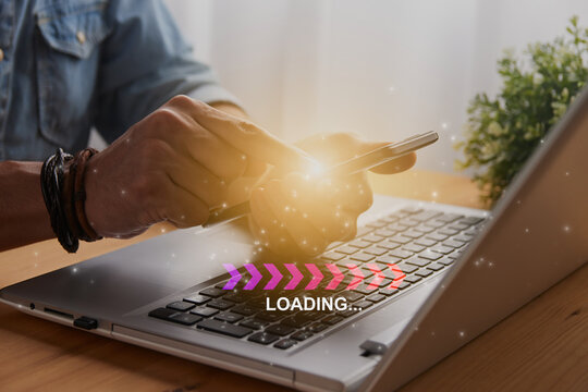 Casual Businessman Touching Mobile Phone and Purple Red Fishbone Website Loading Speed Module