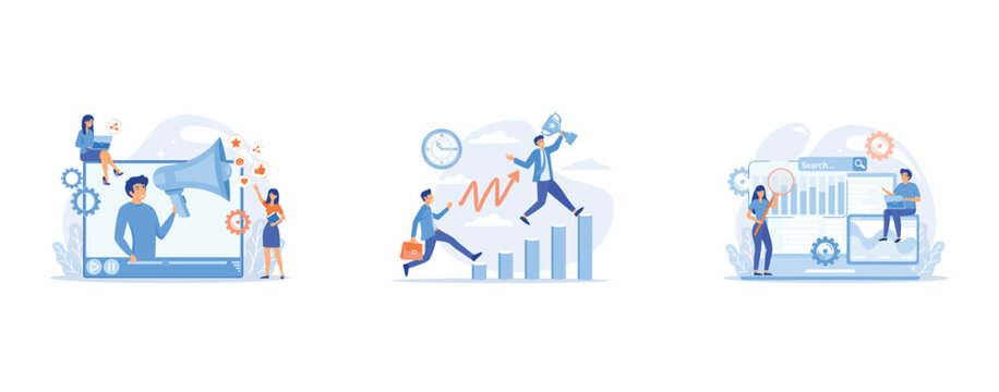 Social media marketing, digital promo campaign, Personal development and goals achievement, SMM, digital marketing and Internet advertisement, set flat vector modern illustration