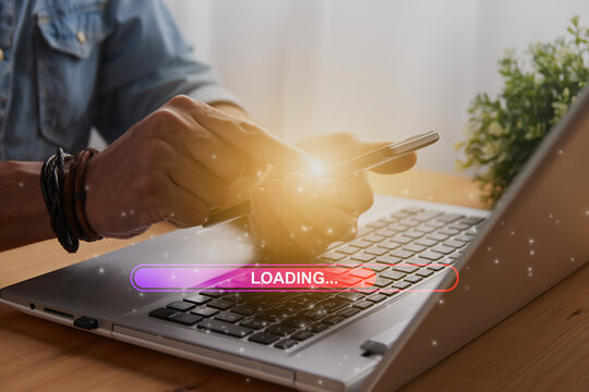 Casual Businessman Touching Mobile Phone and Purple Red Loading Bar