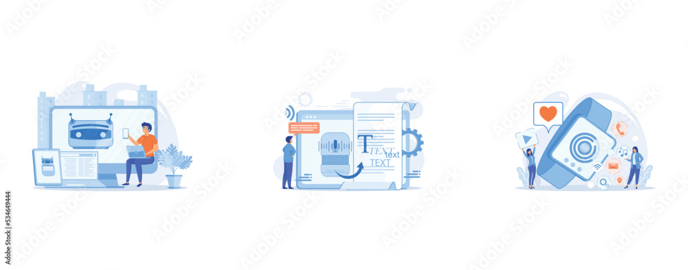 Poster user with computer, laptop and tablet screens with chatbot and digital habits, speech-to-text app, v