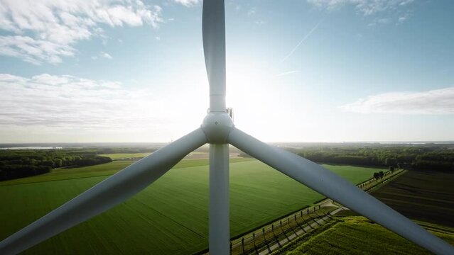 Wind turbine in Almere Pampus, Flevoland, The Netherlands. Aerial shot, close up, wide angle. 