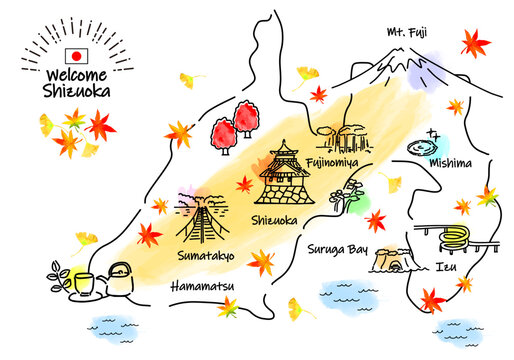 秋の静岡県の観光地のシンプル線画イラストマップ