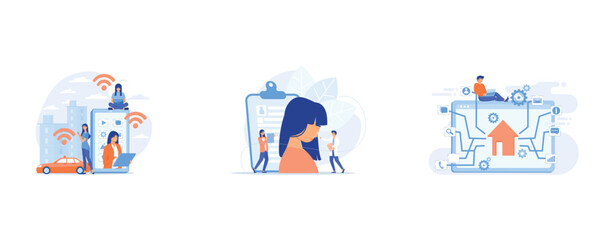 People using different electronic devices such as smartphone, laptop, tablet, Plastic surgeon correcting the form of the woman nose for rhinoplasty, Development service, smart house, IOT technology, n