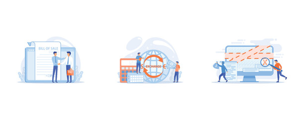 Document for purchase, Money exchange, Cyber attack, set flat vector modern illustration