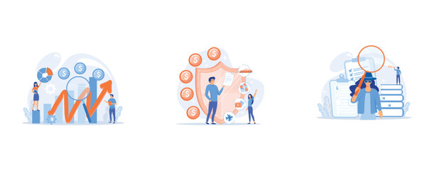 Business development strategy evaluation, Private property, transport and life protection, Secret agent searching clues and spying investigating case, set flat vector modern illustration