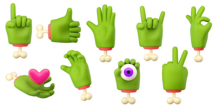3d zombie hands set in plastic cartoon style. Different fingers  and palm gesture. Green monster Halloween character palms with bones. High quality isolated render