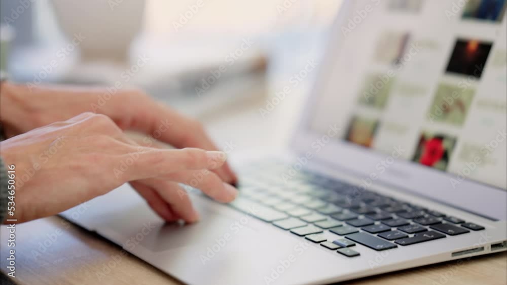 Poster hands, laptop and research with a woman on the search for information and data on the internet while