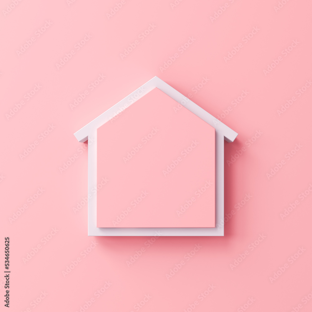 Poster blank 3d pink house home sign icon isolated on pink pastel color wall background with shadow minimal