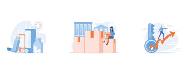 Fototapeta premium Pharmaceutical products, Relocation services, Business strategy planning, set flat vector modern illustration