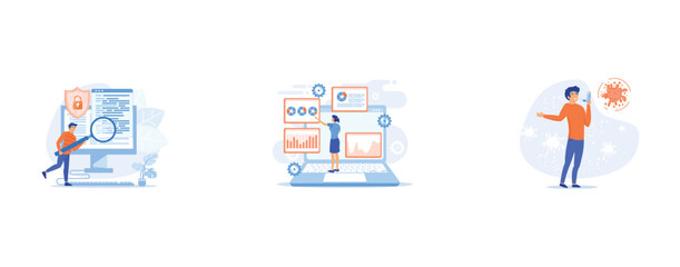 Computer forensic science, Social media data center, Respiratory disease, asthma treatment, set flat vector modern illustration