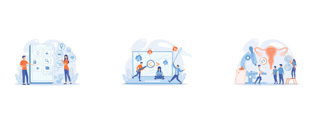 Fototapeta premium It professionals are creating mobile applications on the smartphone screen, People catching bugs on the laptop screen with angle brackets, HPV virus checkup, set flat vector modern illustration