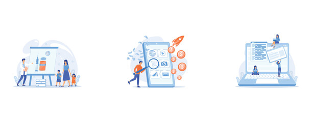 Immunity protection, preventive medicine, Digital marketing, e-commerce, A girl makes a post on big laptop, set flat vector modern illustration